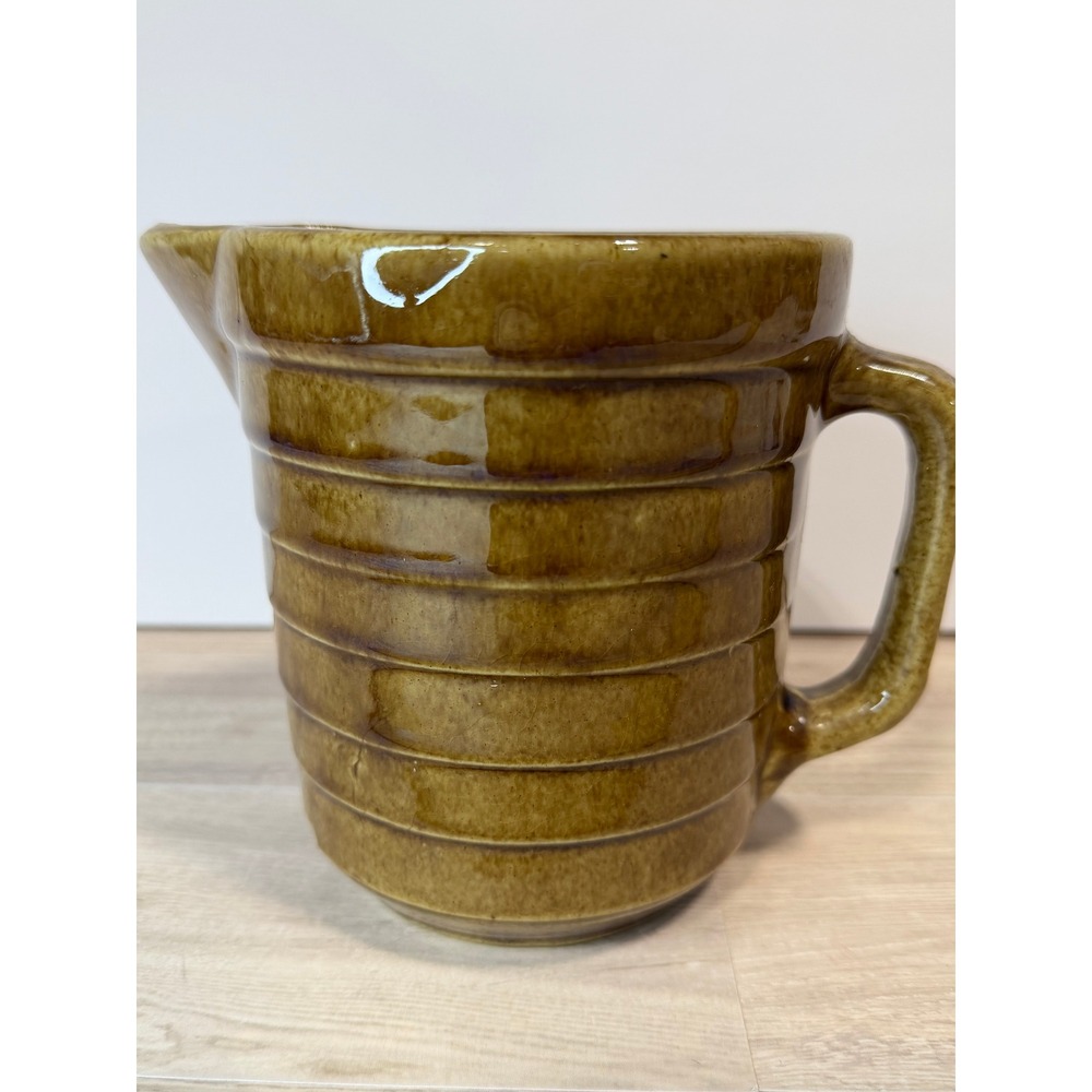 Vintage USA Pottery Brown Ribbed Stoneware Pitcher Glazed Farmhouse Kitchen